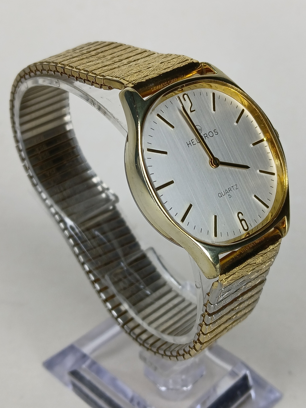 Vintage Helbros Men Quartz Watch Gold Tone Stretch Band Silver Dial New Battery